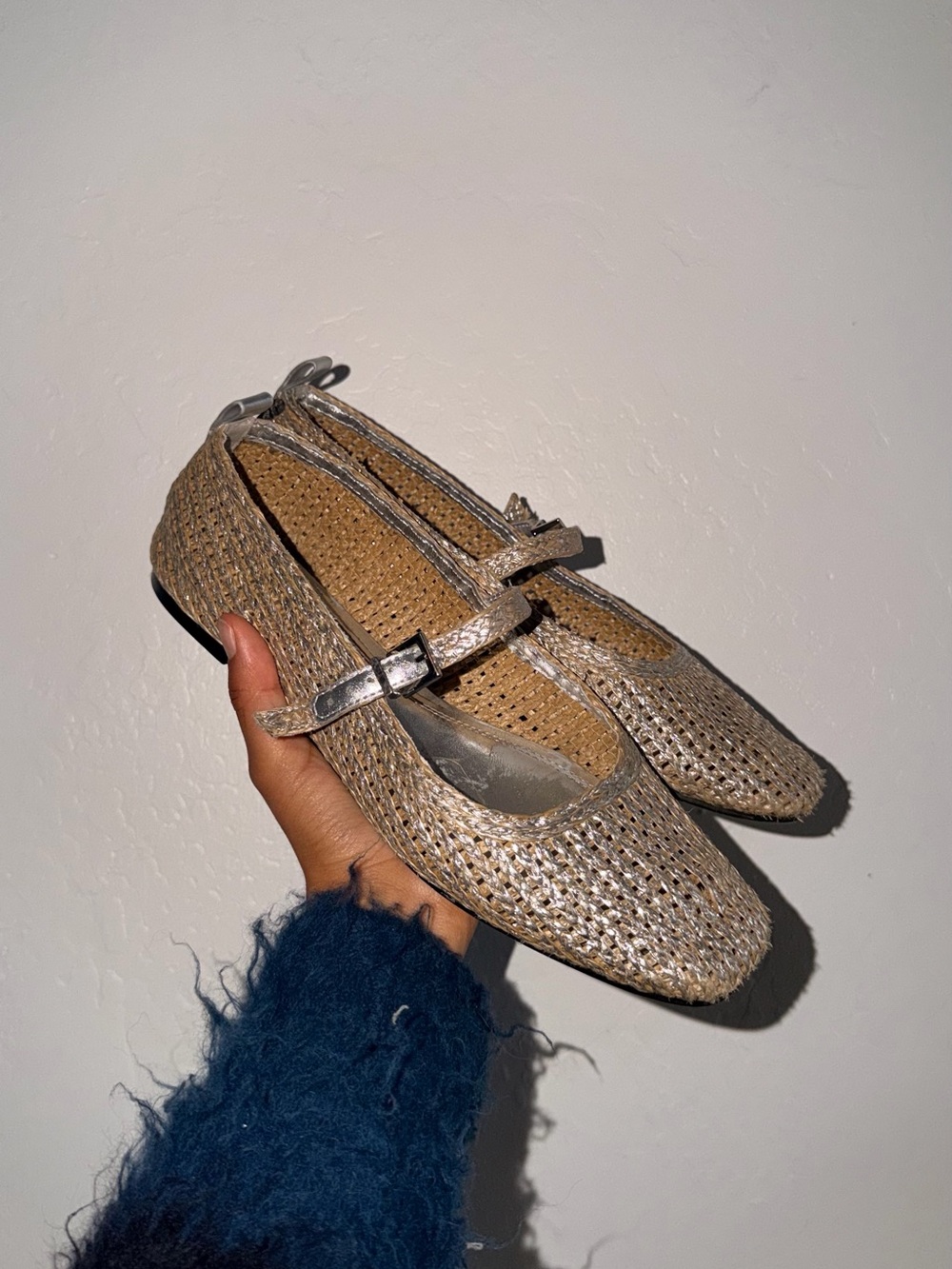 Woven Mary Jane Flats in Metallic Taupe